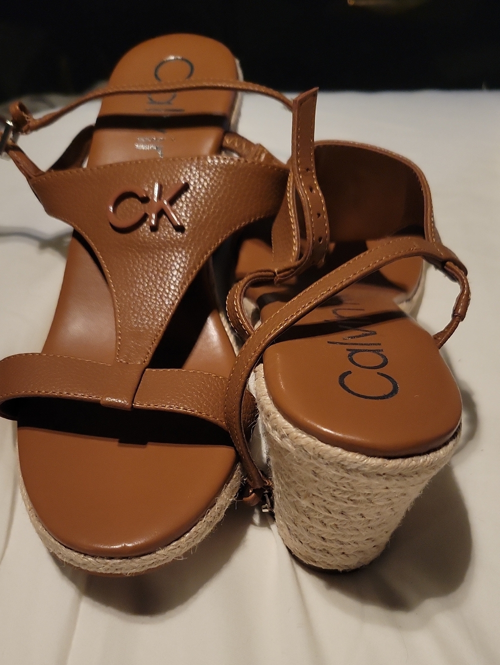 Calvin Klein Tan Leather Espadrille Wedge Sandals